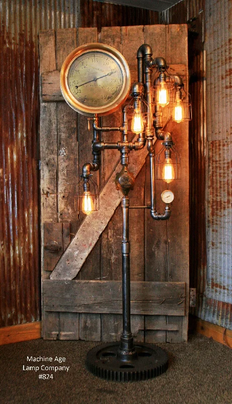Industrial Lighting for Printing Press FacilitiesSteampunk, Industrial Pipe and Vintage Steam Gauge Floor Lamp #824