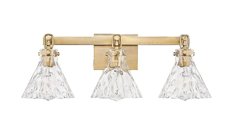 Industrial Lighting for Metal Fabrication Shops3 Lamps Barlon Vanity Light - Vintage Brass - Clear Water Glass - 25.5in. Wide