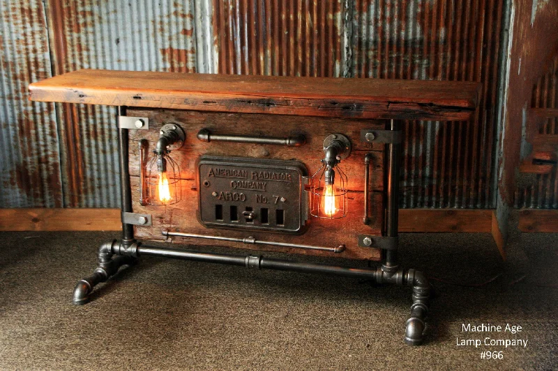Industrial Wall - Mounted Lighting for Workshop WallsSteampunk Industrial, Lighted Barn wood Furnace Door Table, Console #966