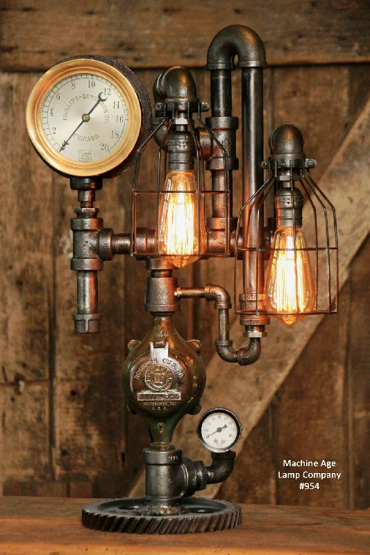 Industrial Lighting for Metal Fabrication ShopsSteampunk Industrial Pipe Lamp, Antique Steam Gauge - #954