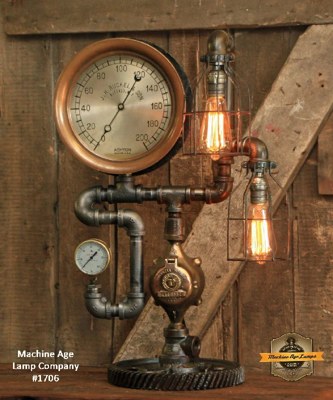 Industrial Lighting for Woodworking FactoriesSteampunk Industrial / Antique Steam Gauge Lamp / Buffalo NY / Lamp #1706
