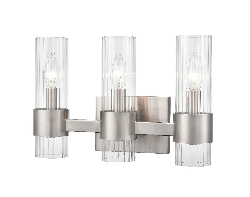 Industrial Pendant Lighting for Machine Shops3 Lamps Caberton Vanity Light - Brushed Nickel - Clear Beveled Glass - 15.1in. Wide Industrial Pendant Lighting for Machine Shops3 Lamps Caberton Vanity Light - Brushed Nickel - Clear Beveled Glass - 15.1in. Wide