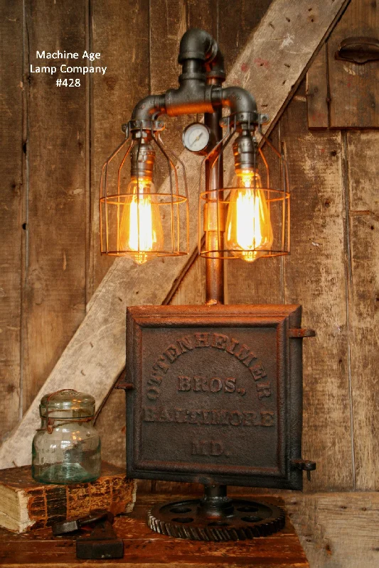 Dimmable Industrial Lighting for Ambiance ControlSteampunk Industrial, Antique Iron Ottenheimer Stove Door Lamp, #428 - SOLD Dimmable Industrial Lighting for Ambiance ControlSteampunk Industrial, Antique Iron Ottenheimer Stove Door Lamp, #428 - SOLD