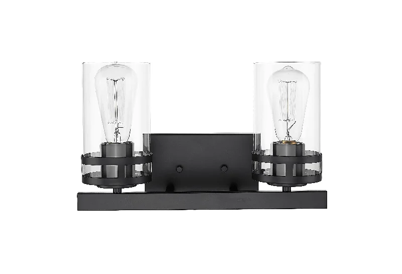 Industrial Lighting with High CRI (Color Rendering Index) for True Color Perception2 Lamps Lunden Vanity Light - Matte Black - Clear Glass - 14.5in. Wide