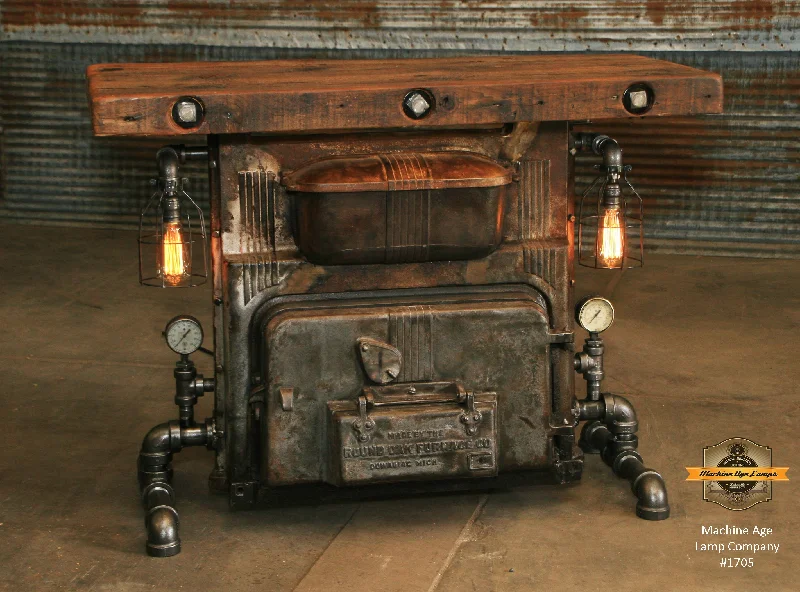 Industrial Lighting with High CRI (Color Rendering Index) for True Color PerceptionSteampunk Industrial / Antique Boiler Furnace Door Table / Round Oak / Barn Wood / Lamp #1705  sold
