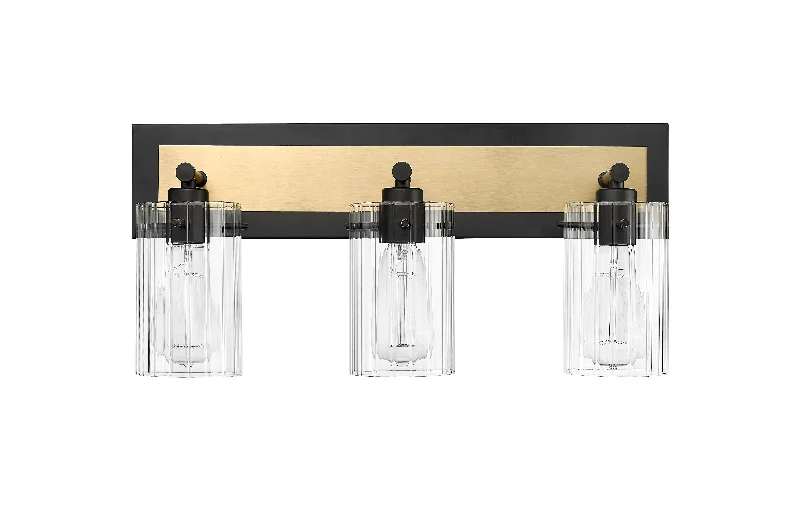 Industrial Ceiling - Mounted Lighting for Assembly Plants3 Lamps Gasol Vanity Light - Matte Black & Vintage Brass - Clear Ribbed Glass - 20.875in. Wide
