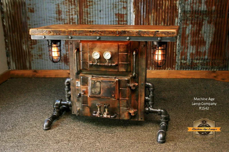 Industrial Lighting for Furniture FactoriesSteampunk Industrial / Antique Boiler Door / Lighting / Barn Wood / Console Hallway Sofa Table / #1542 sold