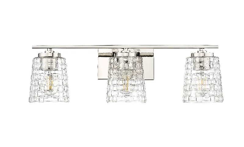 Shock - Resistant Industrial Lighting for Vibrating Machinery Areas3 Lamps Saben Vanity Light - Polished Nickel - Clear Woven Glass - 23in. Wide