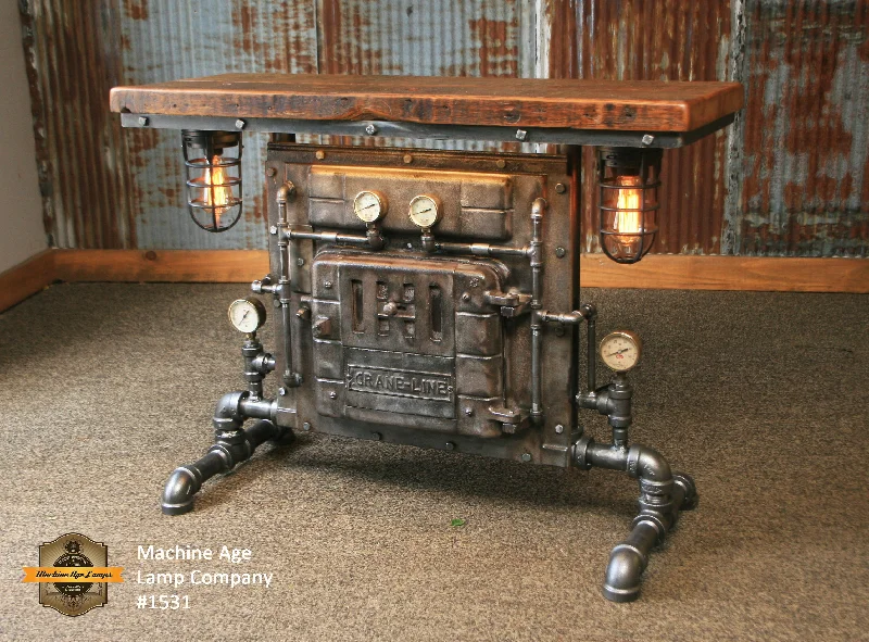 Adjustable Industrial Lighting for Flexible IlluminationSteampunk Industrial / Antique Boiler Door / Lighting / Barn Wood / Console Hallway Sofa Table / #1531 sold