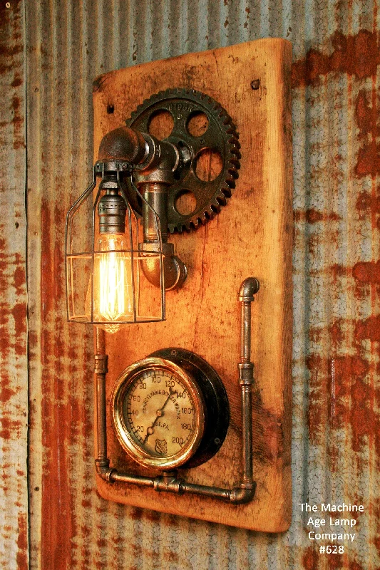 Adjustable Industrial Lighting for Flexible IlluminationSteampunk, Industrial Barn Wood Wall Sconce, Steam Gauge - #628