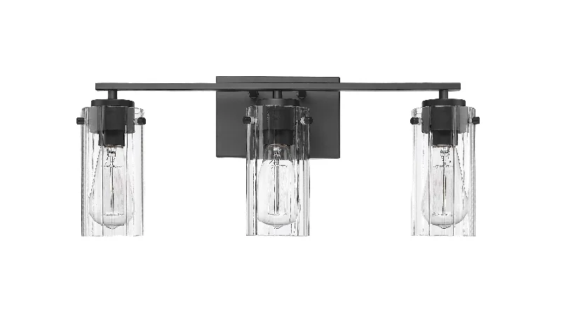 Adjustable Industrial Lighting for Flexible Illumination3 Lamps Serena Vanity Light - Matte Black - Clear Ribbed Glass - 21.5in. Wide
