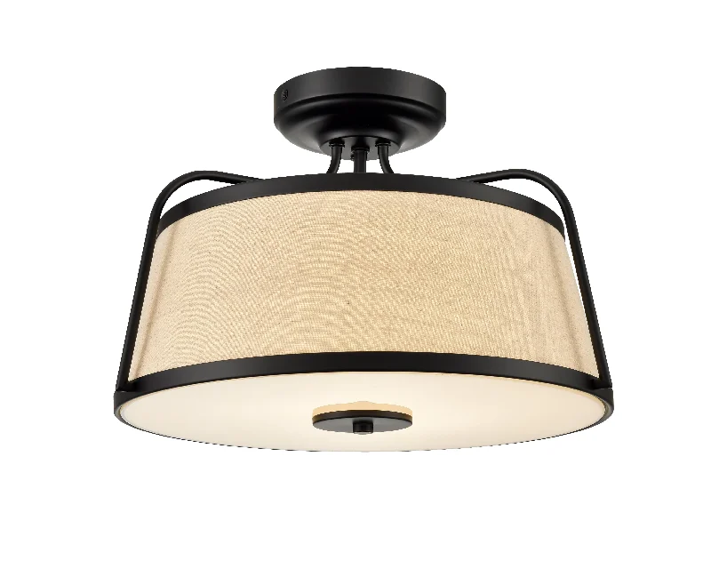 Industrial Lighting for Textile Mills35W LED Semi-Flush Mount Fixture - Matte Black - White Linen - 15.13in. Diameter - 1400 Lm
