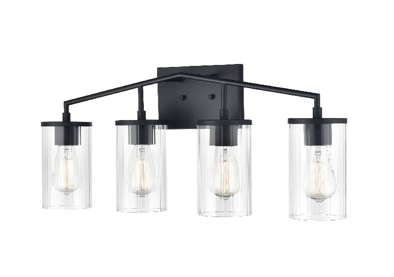Shock - Resistant Industrial Lighting for Vibrating Machinery Areas4 Lamps Beverlly Vanity Light - Matte Black - Clear Beveled Glass - 27.9in. Wide Shock - Resistant Industrial Lighting for Vibrating Machinery Areas4 Lamps Beverlly Vanity Light - Matte Black - Clear Beveled Glass - 27.9in. Wide