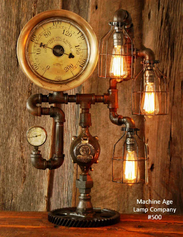 Adjustable Industrial Lighting for Flexible IlluminationSteampunk Lamp, Antique Steam Gauge and Gear Base #500 - SOLD Adjustable Industrial Lighting for Flexible IlluminationSteampunk Lamp, Antique Steam Gauge and Gear Base #500 - SOLD