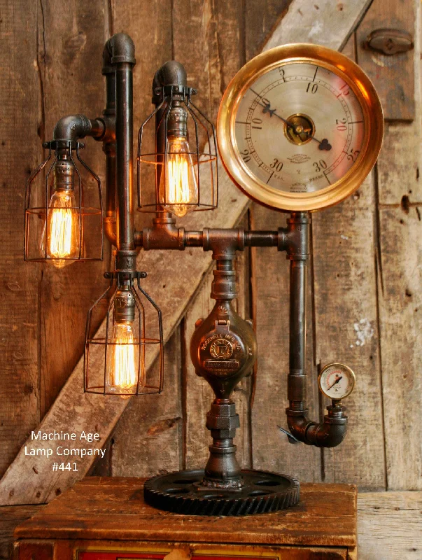 Industrial Pendant Lighting for Machine ShopsSteampunk Lamp, Antique Steam Gauge and Gear Base #441 - SOLD