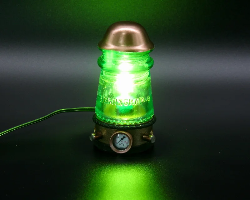 Industrial Lighting for Chemical PlantsSteampunk Turquoise Glass Insulator Lamp, Aluminum Base, Hemingray No.9, Industrial Lighting, Man Cave Deco, Neo Victorian Lamp design, Cyberpunk Lamp