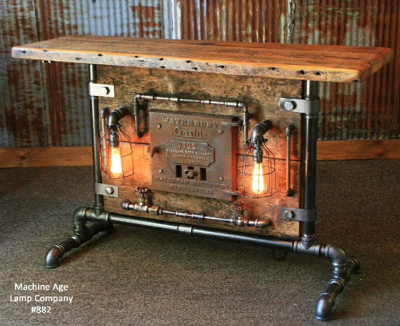 Industrial Lighting for Automotive Manufacturing PlantsSteampunk Industrial Table, Lamp Stand, Console, Barn wood & Furnace Door - #882 - SOLD