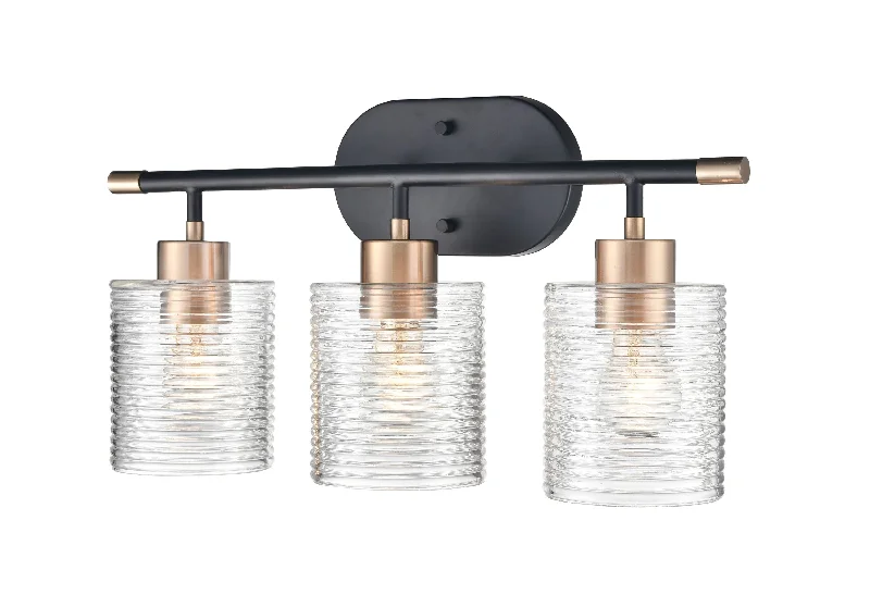 Industrial Pendant Lighting for Machine Shops3 Lamps Renitta Vanity Light - Matte Black / Modern Gold - Clear Ribbed Glass - 20.1in. Wide Industrial Pendant Lighting for Machine Shops3 Lamps Renitta Vanity Light - Matte Black / Modern Gold - Clear Ribbed Glass - 20.1in. Wide