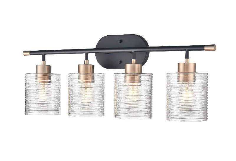 Dimmable Industrial Lighting for Ambiance Control4 Lamps Renitta Vanity Light - Matte Black / Modern Gold - Clear Ribbed Glass - 28.1in. Wide Dimmable Industrial Lighting for Ambiance Control4 Lamps Renitta Vanity Light - Matte Black / Modern Gold - Clear Ribbed Glass - 28.1in. Wide