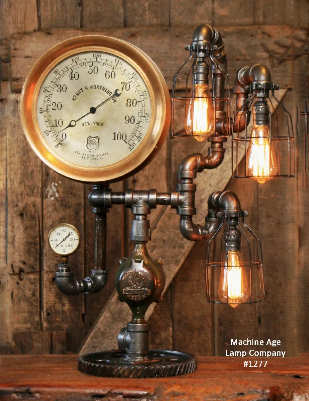 Industrial Lighting for Metal Fabrication ShopsSteampunk Industrial Lamp / Antique Steam Gauge / Gear Base / New York / #1277 sold