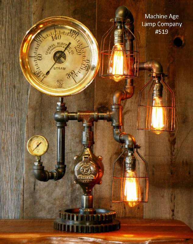 Industrial Lighting for Chemical PlantsSteampunk Lamp, Amazing Antique 10" Steam Gauge and Gear Base #519 - SOLD Industrial Lighting for Chemical PlantsSteampunk Lamp, Amazing Antique 10" Steam Gauge and Gear Base #519 - SOLD