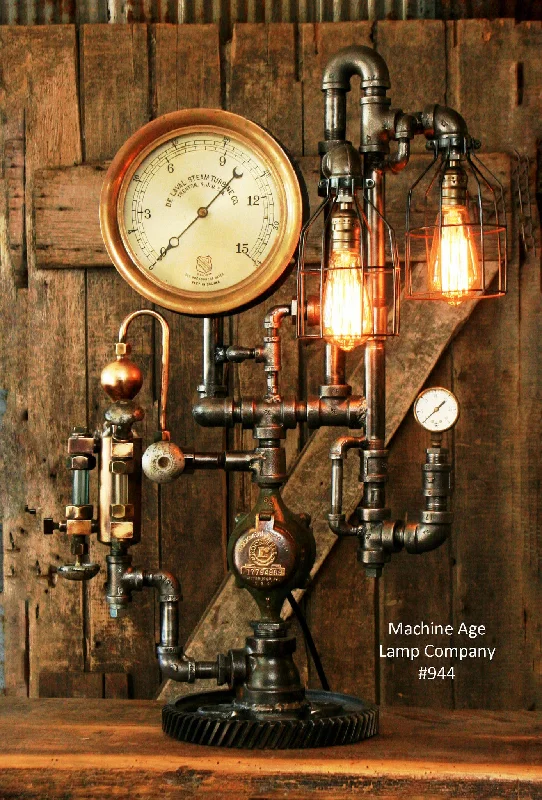 Low - Bay Industrial Lighting Fixtures for Small FactoriesSteampunk Industrial Pipe Lamp, Oiler and Steam Gauge - #944