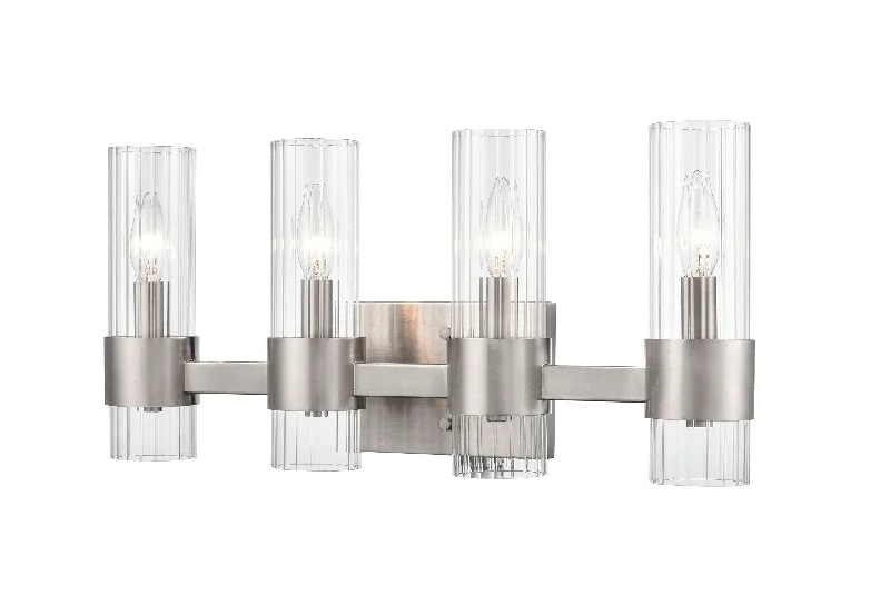 Industrial Lighting with High CRI (Color Rendering Index) for True Color Perception4 Lamps Caberton Vanity Light - Brushed Nickel - Clear Beveled Glass - 21.5in. Wide Industrial Lighting with High CRI (Color Rendering Index) for True Color Perception4 Lamps Caberton Vanity Light - Brushed Nickel - Clear Beveled Glass - 21.5in. Wide