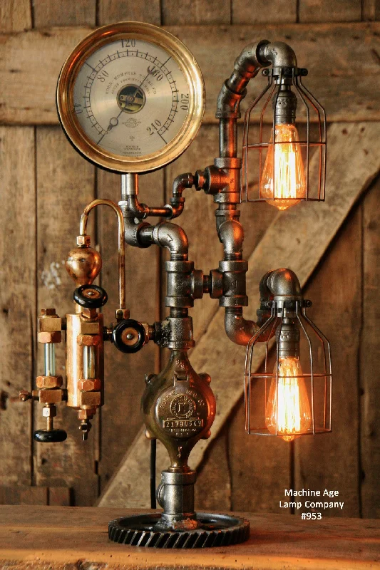 Dust - Resistant Industrial Lighting for Dirty WorkspacesSteampunk Industrial Pipe Lamp, Antique Oiler and Steam Gauge - #953 - SOLD