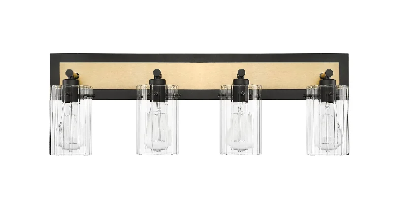 Durable Industrial Lighting for Harsh Environments4 Lamps Gasol Vanity Light - Matte Black & Vintage Brass - Clear Ribbed Glass - 28.75in. Wide