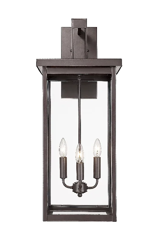 Industrial Exit Sign Lighting for Quick EvacuationBarkeley Outdoor Wall Sconce - Powder Coated Bronze - Clear Glass - 13in. Extension - E26 Candelabra Base