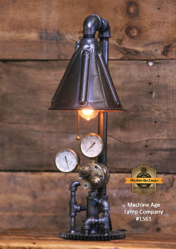 Industrial Flood Lighting for Outdoor Loading DocksSteampunk Industrial / Antique Shade / Brass Regulator / Steam Gauge / Lamp #1561 sold