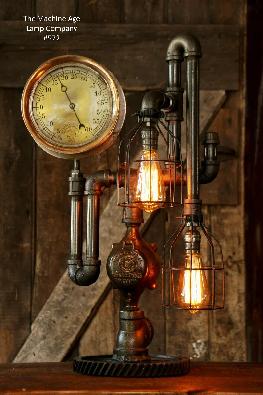 Industrial Lighting for Food Processing FactoriesSteampunk Lamp, Antique Steam Gauge and Gear Base #572 - SOLD Industrial Lighting for Food Processing FactoriesSteampunk Lamp, Antique Steam Gauge and Gear Base #572 - SOLD