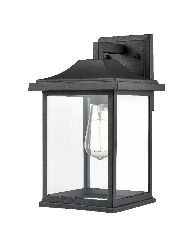 Industrial Lighting for Printing Press FacilitiesOutdoor Wall Sconce - Textured Black - Clear Glass - 8.75in. Extension - E26 Medium Base Industrial Lighting for Printing Press FacilitiesOutdoor Wall Sconce - Textured Black - Clear Glass - 8.75in. Extension - E26 Medium Base