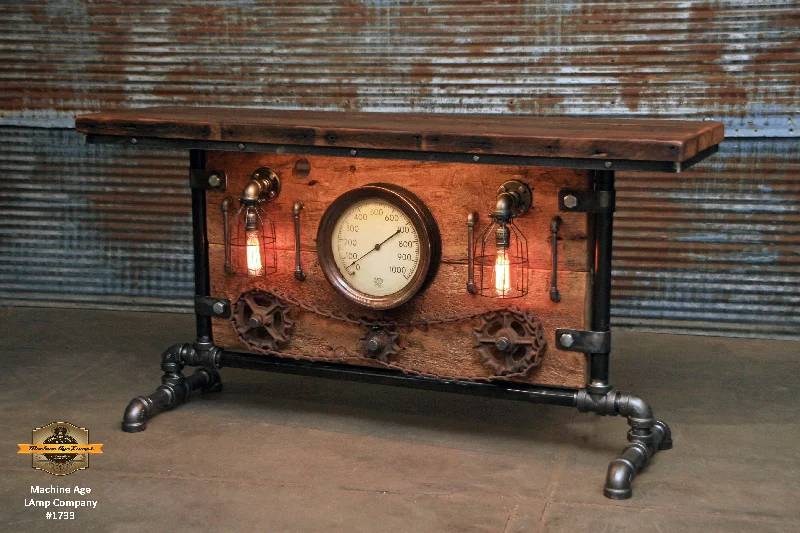 Dust - Resistant Industrial Lighting for Dirty WorkspacesSteampunk Industrial Table, Lamp Stand, Console, Barn wood & Steam Gauge - #1733