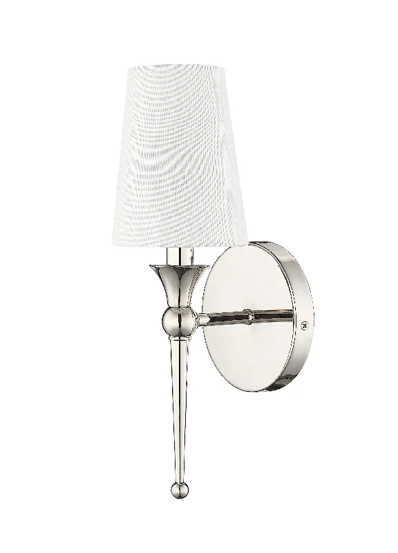 Industrial Flood Lighting for Outdoor Loading DocksWall Sconce - Polished Nickel - White Linen Shade - 6in. Extension - E12 Candelabra Base Industrial Flood Lighting for Outdoor Loading DocksWall Sconce - Polished Nickel - White Linen Shade - 6in. Extension - E12 Candelabra Base