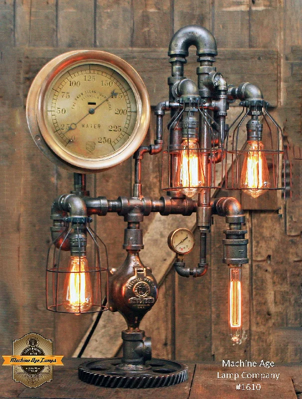 Industrial Ceiling - Mounted Lighting for Assembly PlantsSteampunk Industrial  / Antique Steam Gauge / Gear / Light Lamp / #1610