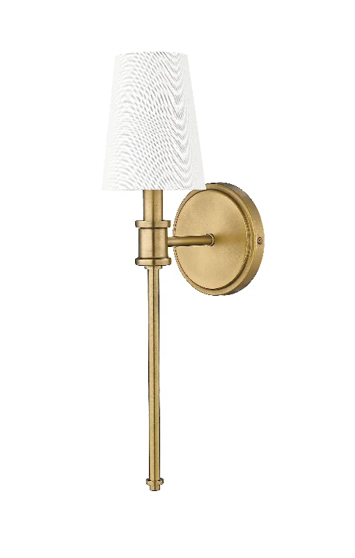 Waterproof Industrial Lighting for Wet AreasWall Sconce - Vintage Brass - White Linen Shade - 6.5in. Extension - E12 Candelabra Base Waterproof Industrial Lighting for Wet AreasWall Sconce - Vintage Brass - White Linen Shade - 6.5in. Extension - E12 Candelabra Base