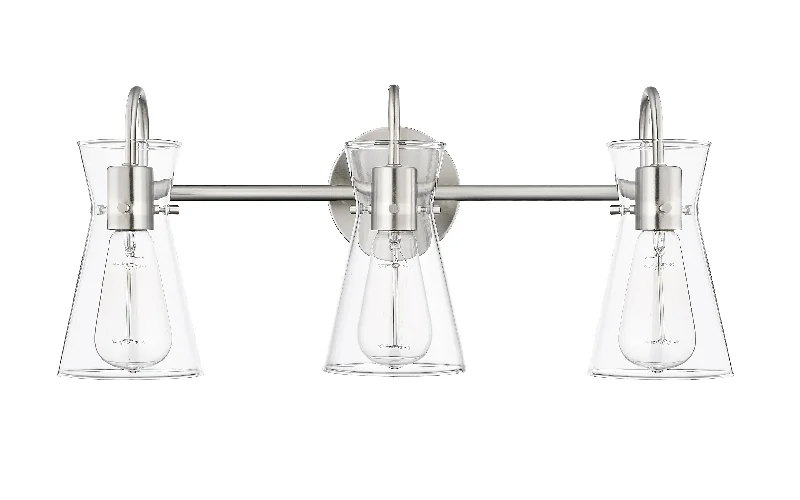 Dimmable Industrial Lighting for Ambiance Control3 Lamps Camellia Vanity Light - Brushed Nickel - Clear Glass - 22in. Wide