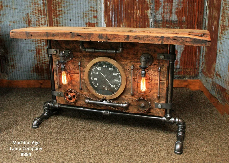 Industrial Wall - Mounted Lighting for Workshop WallsSteampunk Industrial Table, Lamp Stand, Console, Barn wood & Steam Gauge - #884 - Sold