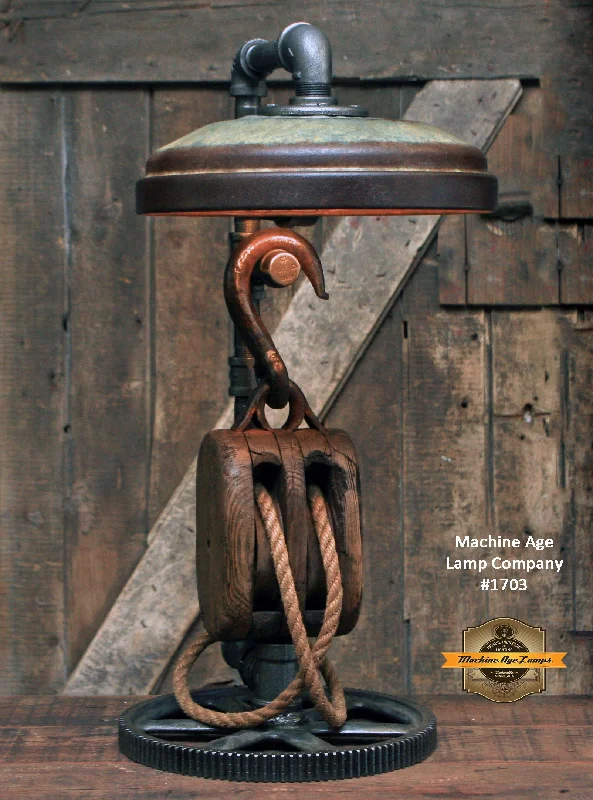 Industrial Ceiling - Mounted Lighting for Assembly PlantsSteampunk Industrial / Farm / Antique Wood Block and Tackle / Gear / Feeder Shade / Lamp #1703 sold