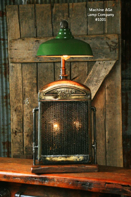 Shock - Resistant Industrial Lighting for Vibrating Machinery AreasSteampunk Industrial Lamp, Brass Kohler Radiator, Green Shade #1001  SOLD