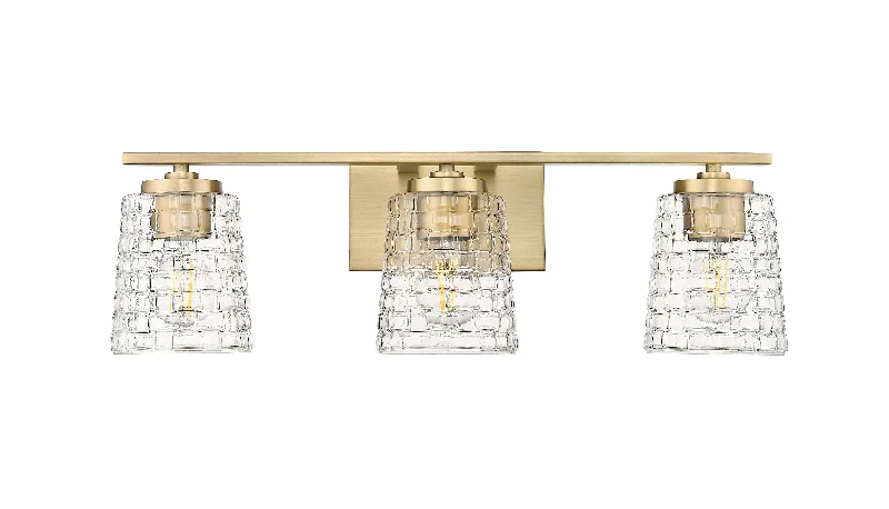 Industrial Lighting for Furniture Factories3 Lamps Saben Vanity Light - Vintage Brass - Clear Woven Glass - 23in. Wide