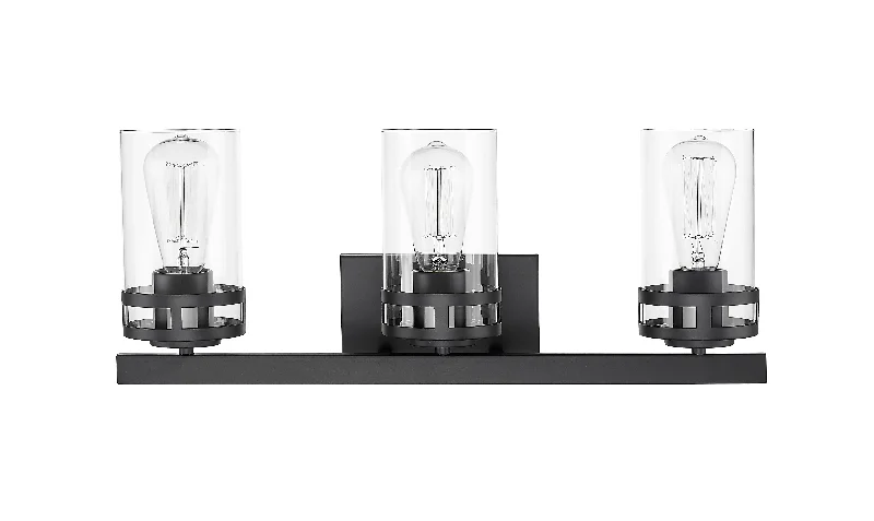 Waterproof Industrial Lighting for Wet Areas3 Lamps Lunden Vanity Light - Matte Black - Clear Glass - 22in. Wide