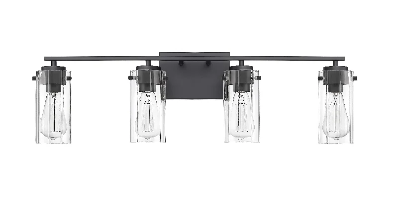 Industrial Emergency Lighting for Safety in Factories4 Lamps Serena Vanity Light - Matte Black - Clear Ribbed Glass - 30.5in. Wide
