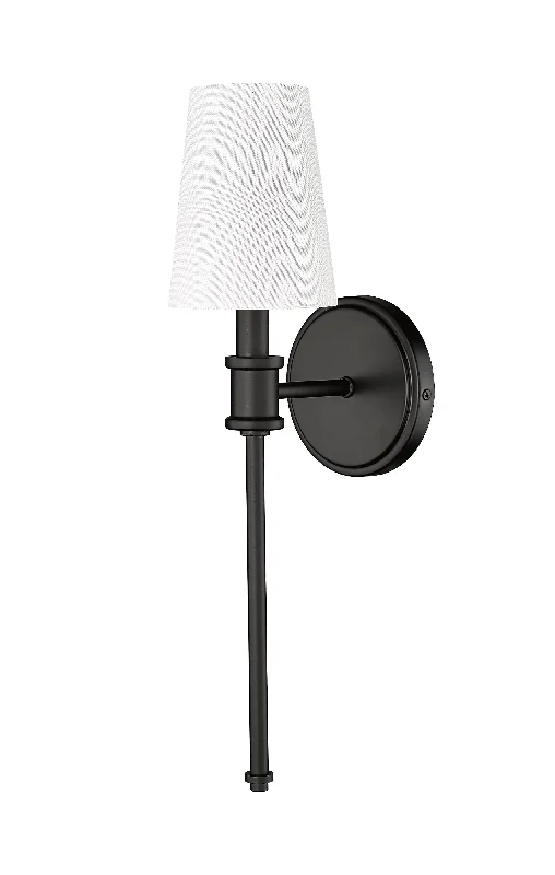 Industrial Emergency Lighting for Safety in FactoriesWall Sconce - Matte Black - White Linen Shade - 6.5in. Extension - E12 Candelabra Base Industrial Emergency Lighting for Safety in FactoriesWall Sconce - Matte Black - White Linen Shade - 6.5in. Extension - E12 Candelabra Base