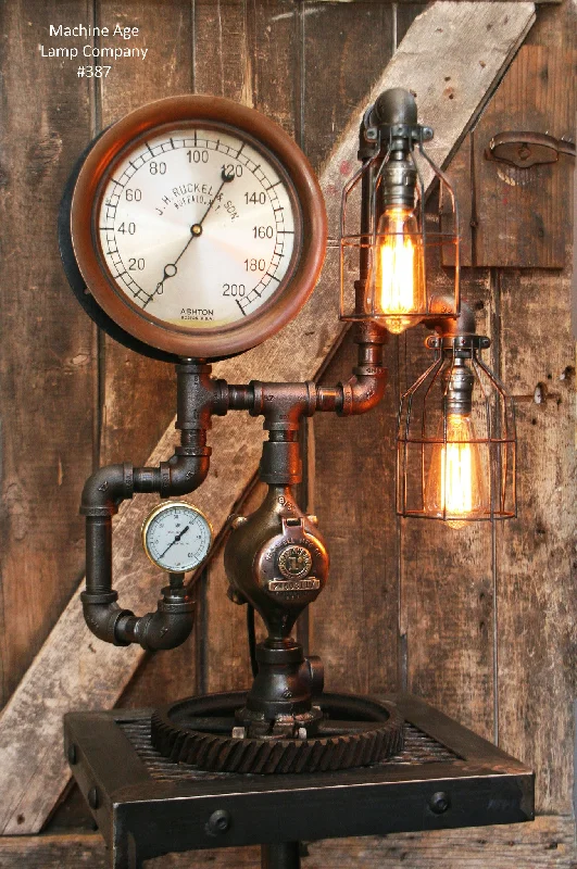 Industrial Lighting for Chemical PlantsSteampunk Lamp, Antique 10" Steam Gauge and Gear Base #387 - SOLD Industrial Lighting for Chemical PlantsSteampunk Lamp, Antique 10" Steam Gauge and Gear Base #387 - SOLD