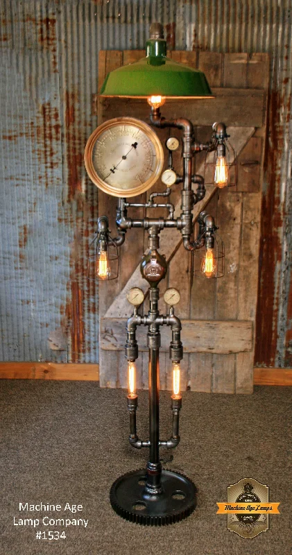 Industrial Lighting for Food Processing FactoriesSteamPunk Industrial / Floor Lamp / Green Shade / Antique Steam Gauges / Gear #1534