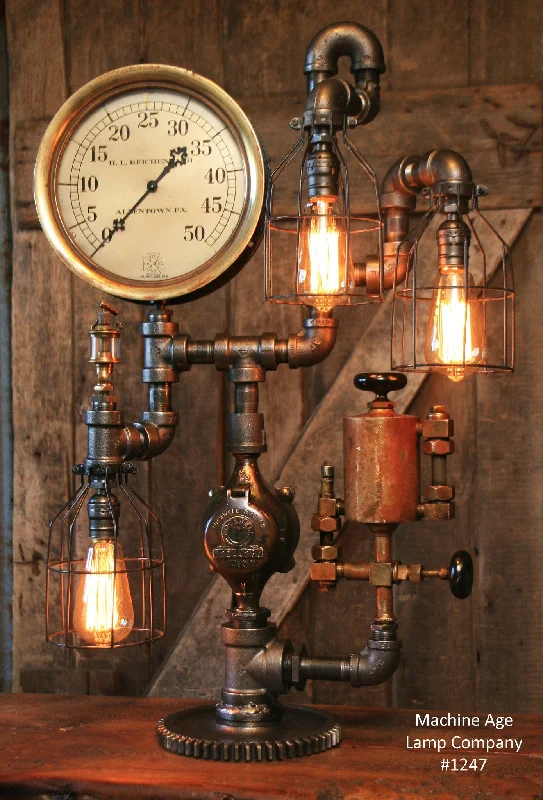 Dimmable Industrial Lighting for Ambiance ControlSteampunk Industrial Lamp, Steam Gauge and Oiler Gear #1247