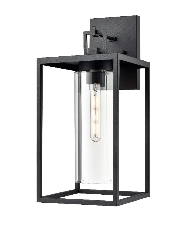 Industrial Lighting for Textile MillsEllway Outdoor Wall Sconce - Textured Black - Clear Glass - 10in. Extension - E26 Medium Base