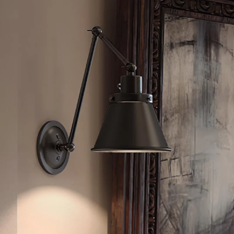 Industrial Pendant Lighting for Machine ShopsUHP3321 Traditional Wall Light, 14.375"H x 8.25"W, Midnight Black Finish, Pawtucket Collection